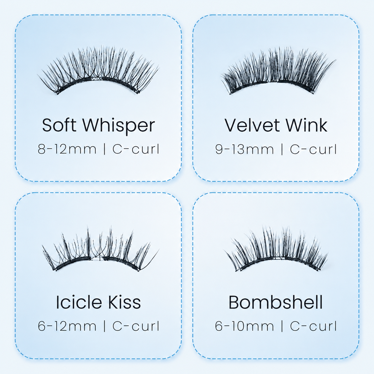 The four Haravi magnetic lash styles with lengths and C-curl specification