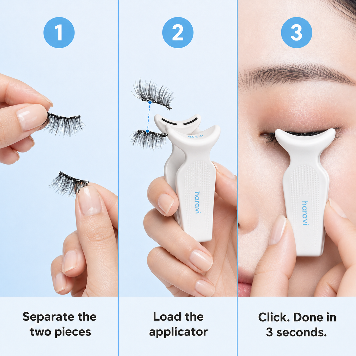 Three step application — separate the two pieces, load the applicator, click on in 3 seconds