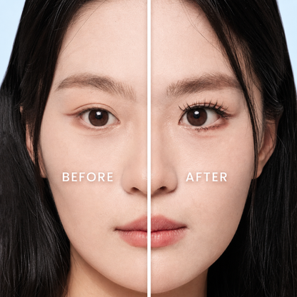 Before and after comparison showing Haravi magnetic lashes opening and lifting the eye