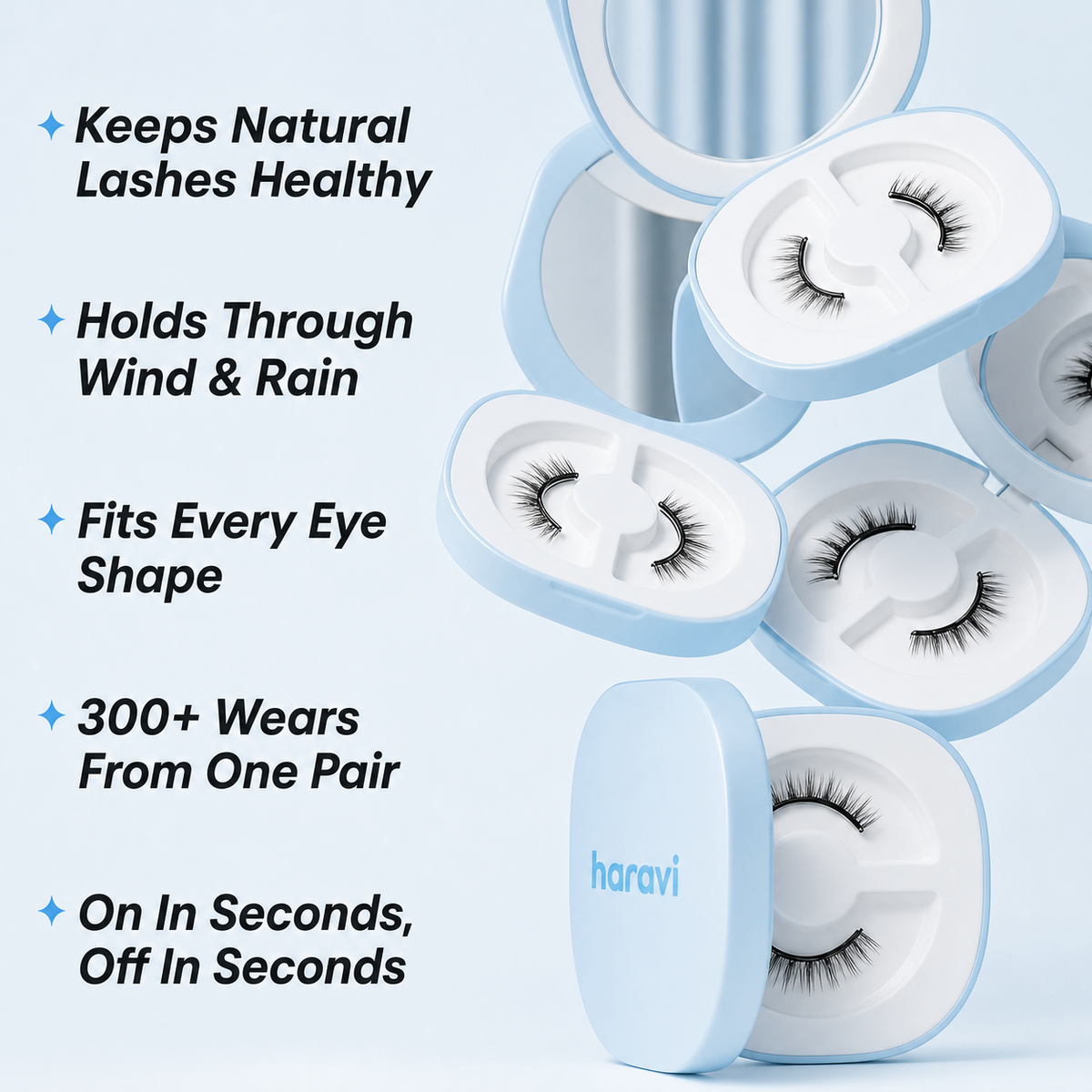 Haravi magnetic lash benefits — keeps natural lashes healthy, holds through wind and rain, fits every eye shape, 300+ wears
